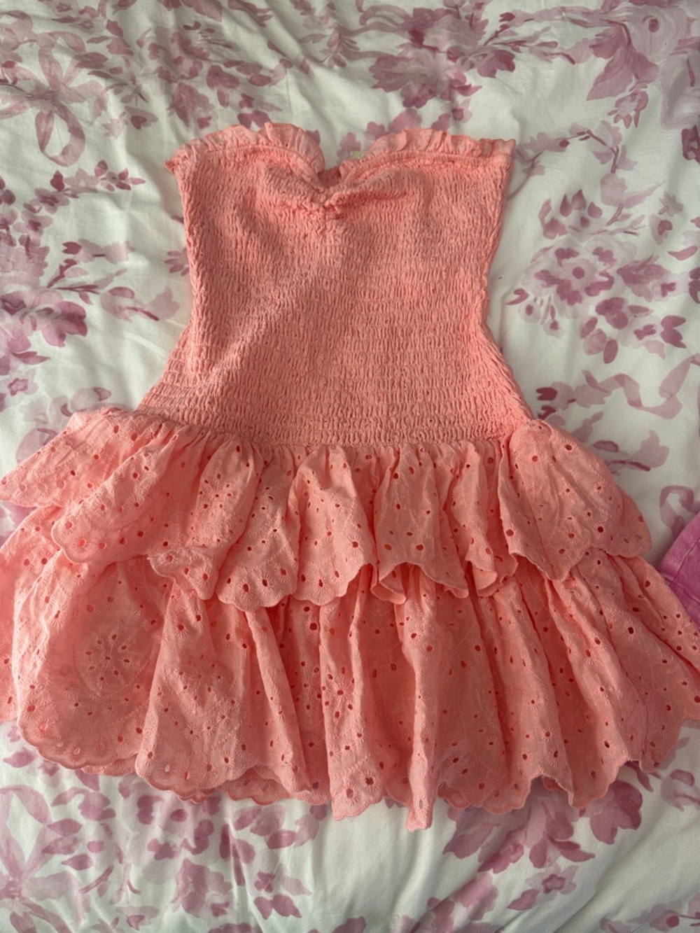 Strapless Ruffled Eyelet Summer Dress in Coral Pink